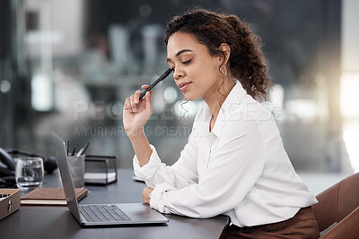 Buy stock photo Business woman, laptop and thinking for strategy, planning or corporate decision on office desk. Female person or employee in wonder, choice or doubt on computer for project plan at the workplace