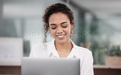 Buy stock photo Happy, business and woman on laptop in office for ideas, research and planning with digital technology for online company. Smile, female person and working on computer for corporate finance report 