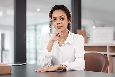 Buy stock photo Business woman, pride and confident in portrait, success and professional mindset in workplace. Corporate female employee at desk, career mission and ambition with empowerment at agency office