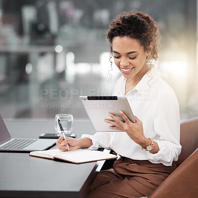 Buy stock photo Tablet, business woman and accountant taking notes, smile and working on project. Technology, notebook and African female entrepreneur, auditor or person research for accounting, email and writing.