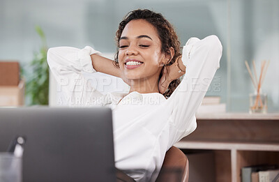 Buy stock photo Laptop, relax and business woman in office resting after working on project, online proposal and report. Corporate workplace, professional and female worker complete, done and finish on computer