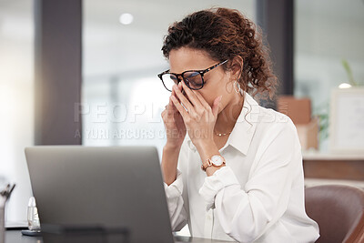 Buy stock photo Business woman, headache and stress in burnout, anxiety or depression on laptop at office. Tired or frustrated female person or employee by computer in fail, mistake or depressed problem at workplace