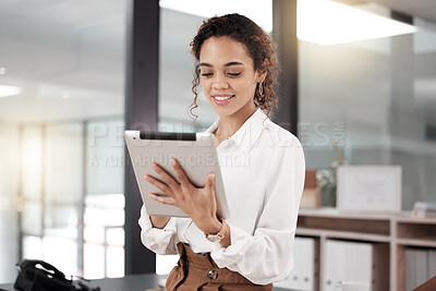 Buy stock photo Tablet, business woman and accountant in office, smile and working on project. Technology, professional and African female entrepreneur, auditor or person research for accounting, email and web app.