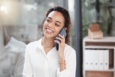 Buy stock photo Phone call, happy and business woman in office talking, in discussion and conversation with smile. Communication, networking and female worker on smartphone speak for planning, contact and connection