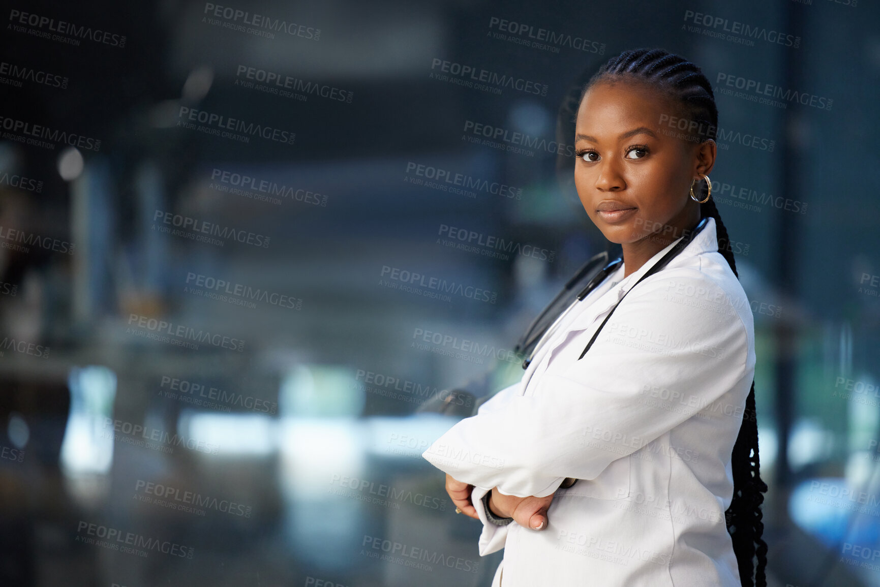 Buy stock photo Mockup space, portrait of a black woman doctor and with stethoscope at a hospital. Healthcare or medical expert, surgeon or nurse and confident African female person at a clinic of her workplace 