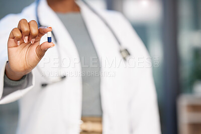 Buy stock photo Medicine, pills and giving with hand of doctor for pharmacy, treatment and vitamins. Medical, healthcare and supplements with closeup of woman and antibiotics capsule for offer, wellness and helping