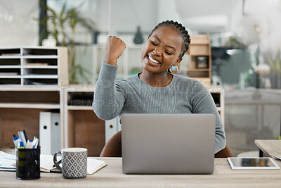 Buy stock photo Black woman, laptop and celebration with fist for winning, success or promotion bonus at office. Happy business woman employee in joyful happiness on computer for win, prize or good news at workplace