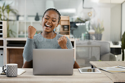 Buy stock photo Business woman, laptop and celebration with fist for winning, success or promotion bonus at office. Happy black woman employee in joyful happiness on computer for win, prize or good news at workplace