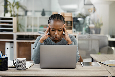 Buy stock photo Business woman, laptop and headache in stress, burnout or depression in doubt, fail or mistake at office. Frustrated African female person or employee in anxiety or mental health problem at workplace