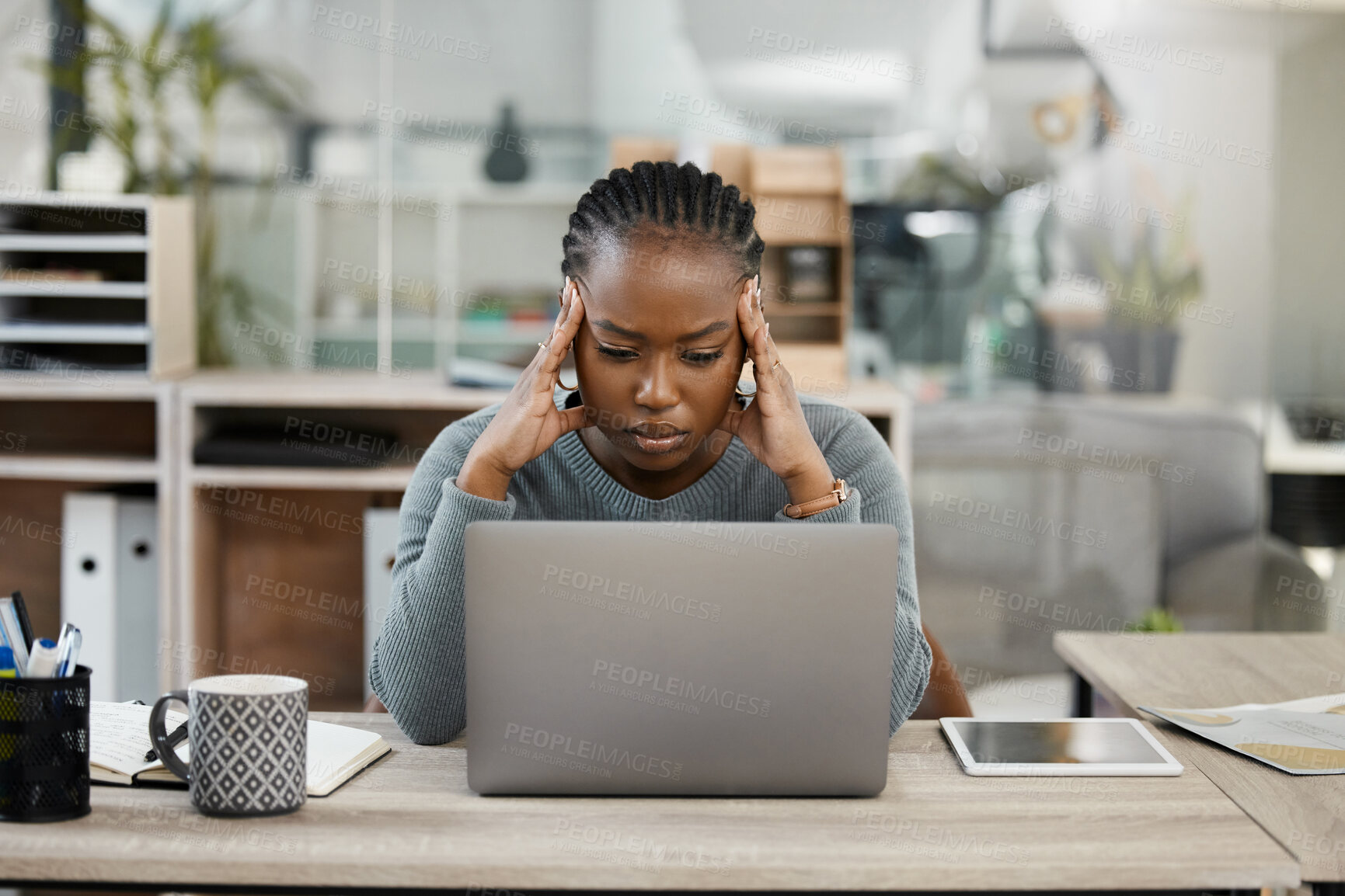 Buy stock photo Business woman, laptop and headache in stress, burnout or depression in doubt, fail or mistake at office. Frustrated African female person or employee in anxiety or mental health problem at workplace