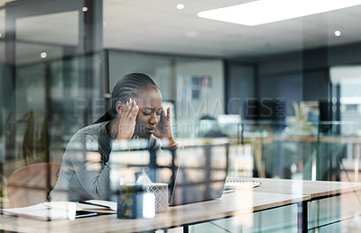 Buy stock photo Business woman, headache and stress in office with anxiety and burnout from work deadline. Tech, fatigue and tired African female person at company with glass and worker feeling frustrated from fail