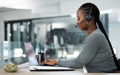 Buy stock photo Black woman, laptop and call center in customer service, telemarketing or support at the office desk. African female person, consultant or agent typing on computer with headphones for online advice
