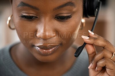 Buy stock photo Black woman, face and mic in call center for customer service, telemarketing or support at office. Closeup of African female person, consultant or agent with headphones for online advice at workplace