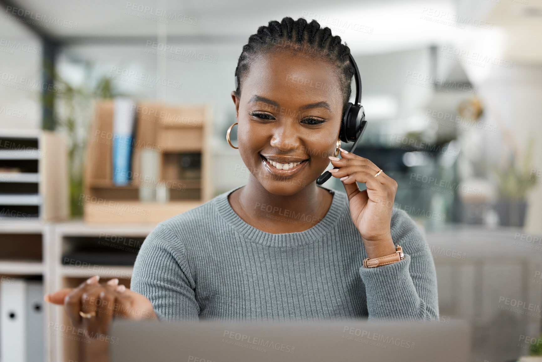 Buy stock photo Happy black woman, call center and smile for consulting, customer service or support in telemarketing at office. African female consultant or virtual assistant talking on headphones for online advice
