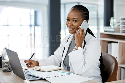Buy stock photo Hospital, doctor and portrait of black woman on a phone call for medical consulting, conversation and talking. Healthcare, clinic and female worker on smartphone for contact, medic service and help