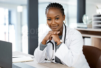 Buy stock photo Hospital office, doctor and portrait of black woman with laptop for medical research, wellness app and internet. Healthcare, clinic and happy female worker for consulting, medicare service and help