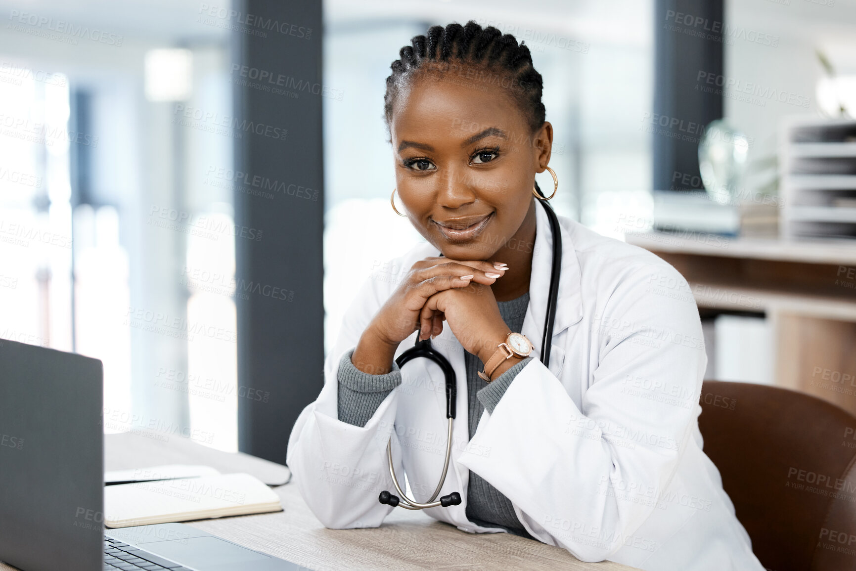 Buy stock photo Hospital office, doctor and portrait of black woman with laptop for medical research, wellness app and internet. Healthcare, clinic and happy female worker for consulting, medicare service and help