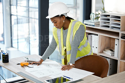 Buy stock photo Architecture, planning and blueprint with black woman in office for engineering, illustration and project management. Buildings, designer and construction with contractor and graphic floor plans