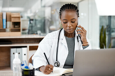 Buy stock photo Phone call, doctor and black woman writing notes for medical planning, schedule and agenda. Healthcare, clinic and female worker talking on smartphone for consulting, medicare service and discussion