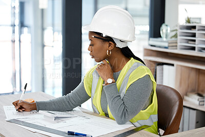 Buy stock photo Architecture, drawing and blueprint with black woman in office for engineering, illustration and project management. Buildings, designer and construction with contractor and graphic floor plans