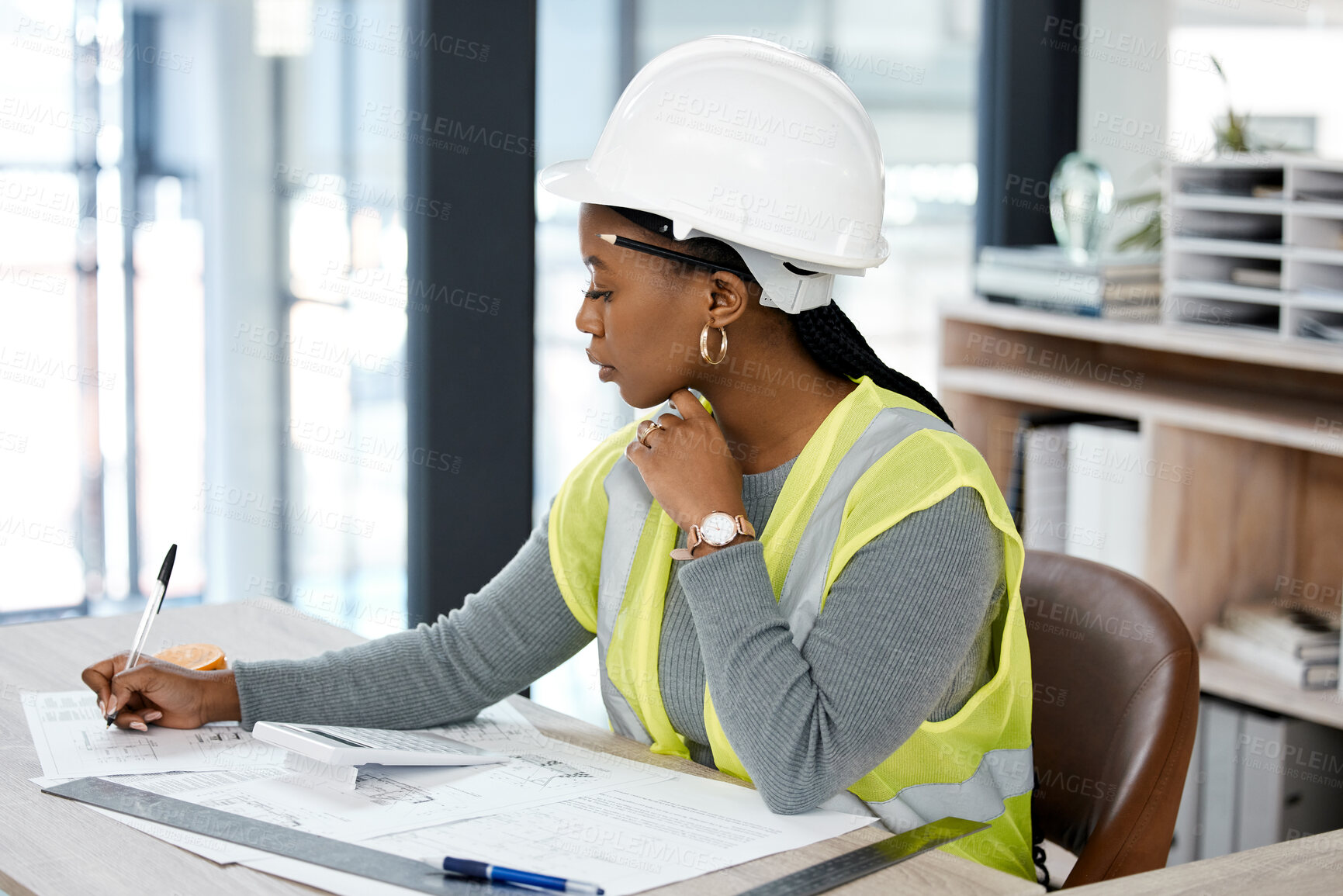 Buy stock photo Architecture, drawing and blueprint with black woman in office for engineering, illustration and project management. Buildings, designer and construction with contractor and graphic floor plans
