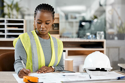 Buy stock photo Architecture, writing and blueprint with black woman in office for engineering, illustration and project management. Buildings, designer and construction with contractor and graphic floor plans