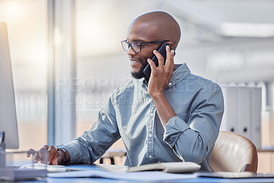 Buy stock photo Phone call, computer and business man for online advice, technical support and IT solution in office typing. Happy african person or information technology worker on desktop, talking and mobile voip