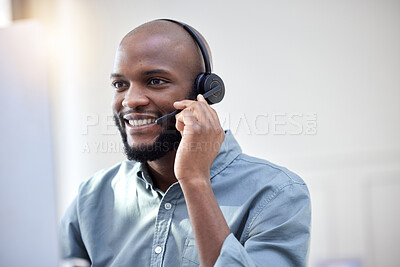 Buy stock photo Computer, call center and business man, IT consultant or technical support agent talk, communication or advice. Helping, callcenter and solution of african person on desktop in information technology