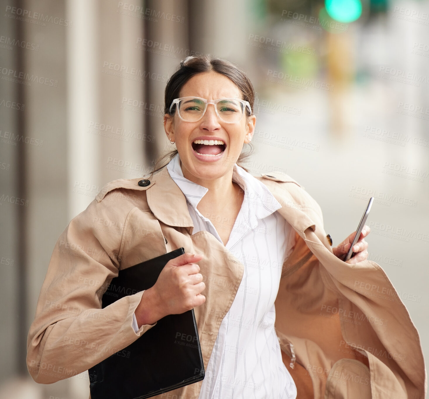 Buy stock photo Portrait of a young woman looking panicked and rushed while trying to catch a cab outside