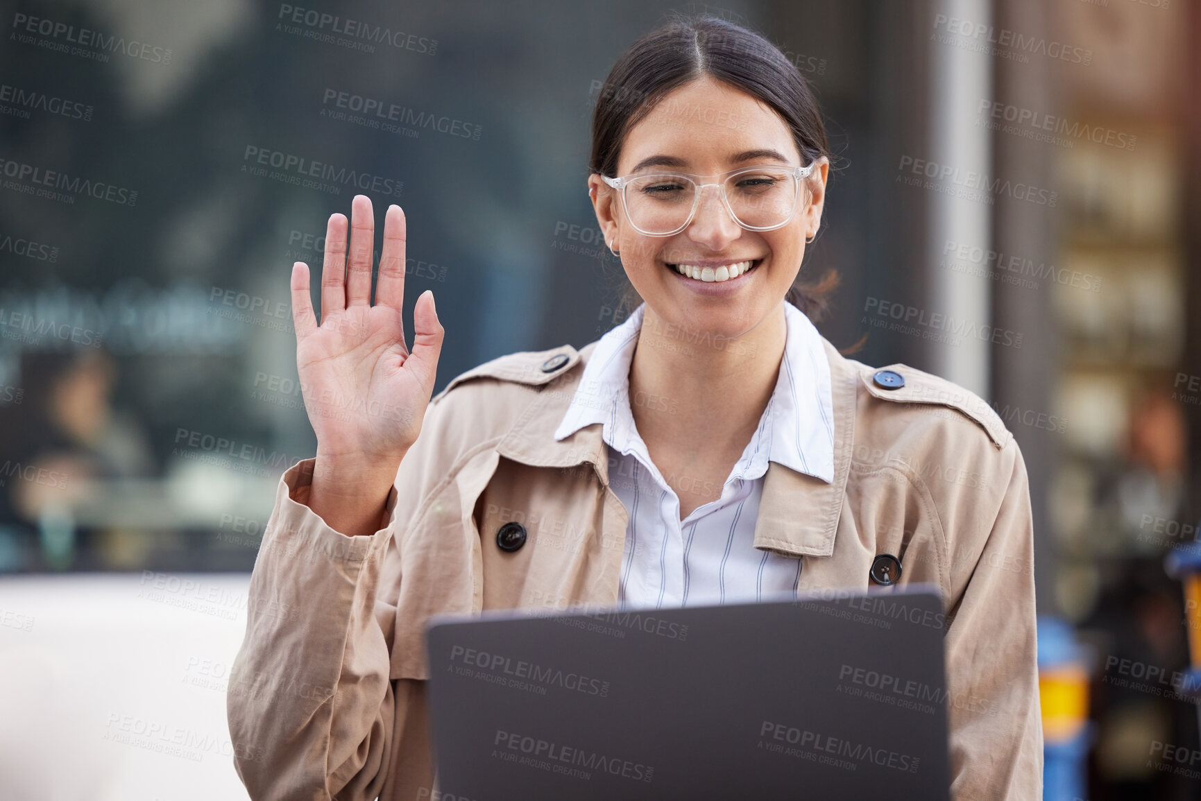 Buy stock photo Woman, video call and wave with laptop in cafe for meeting, interview and contact for lead on investigation. Journalist, hello and happy with communication for story, article and news at coffee shop