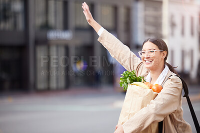 Buy stock photo Woman, shopping and stop taxi with bag of groceries, food and vegetables for healthy diet in city. Smile, travel and person wave for cab transportation, sales and happy customer calling ride outdoor