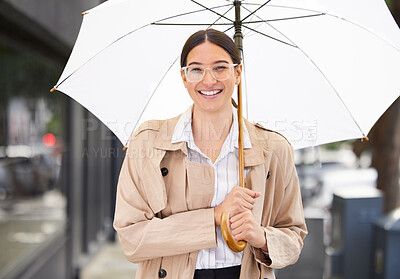 Buy stock photo Business woman, umbrella and portrait in city for cover from rain, winter and happy for commute on sidewalk. Person, smile and parasol for weather on metro road for travel on urban street in Seattle