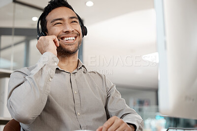 Buy stock photo Businessman, call center and smile with headphones for customer service, support or telemarketing at office. Happy man, consultant or agent smiling for online advice, telesales or help at workplace
