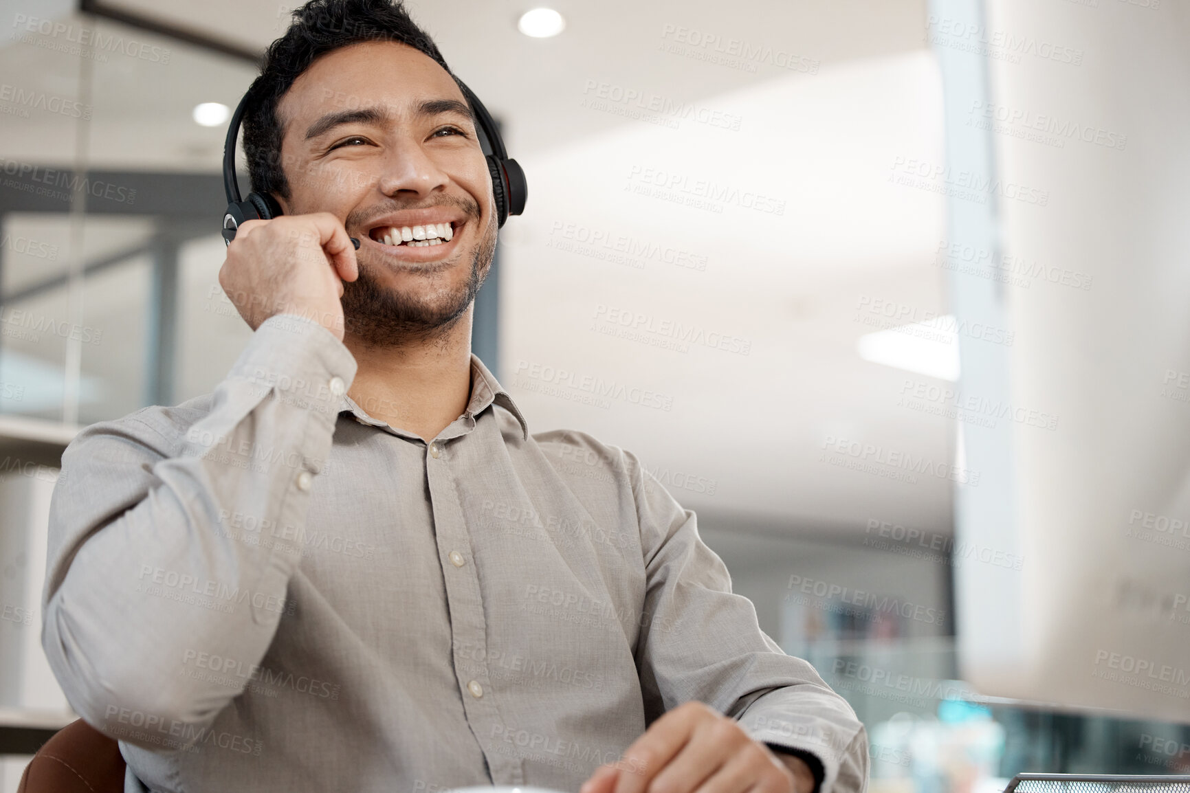 Buy stock photo Businessman, call center and smile with headphones for customer service, support or telemarketing at office. Happy man, consultant or agent smiling for online advice, telesales or help at workplace