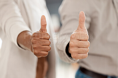 Buy stock photo Business people, hands and thumbs up for success, winning or good job in team approval at office. Hand of employees with thumb emoji, yes sign or like in teamwork, agreement or thank you at workplace