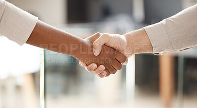 Buy stock photo Business people, handshake and meeting in partnership agreement for deal, b2b or hiring at office. Employee shaking hands for teamwork, recruiting or welcome introduction or thank you at workplace
