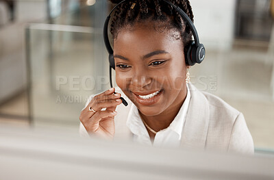 Buy stock photo Black woman, face and smile in call center for customer service, support or telemarketing at office. Happy African female person consultant agent smiling for online advice or telesales at workplace