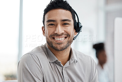 Buy stock photo Happy asian man, call center and portrait smile with headphones in customer service or telemarketing at office. Face of businessman consultant agent smiling in online advice or telesales at workplace