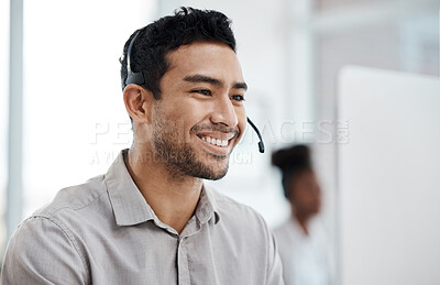 Buy stock photo Businessman, call center and smile with headphones in customer service, support or telemarketing at office. Happy asian man consultant agent smiling for online advice, telesales or help at workplace