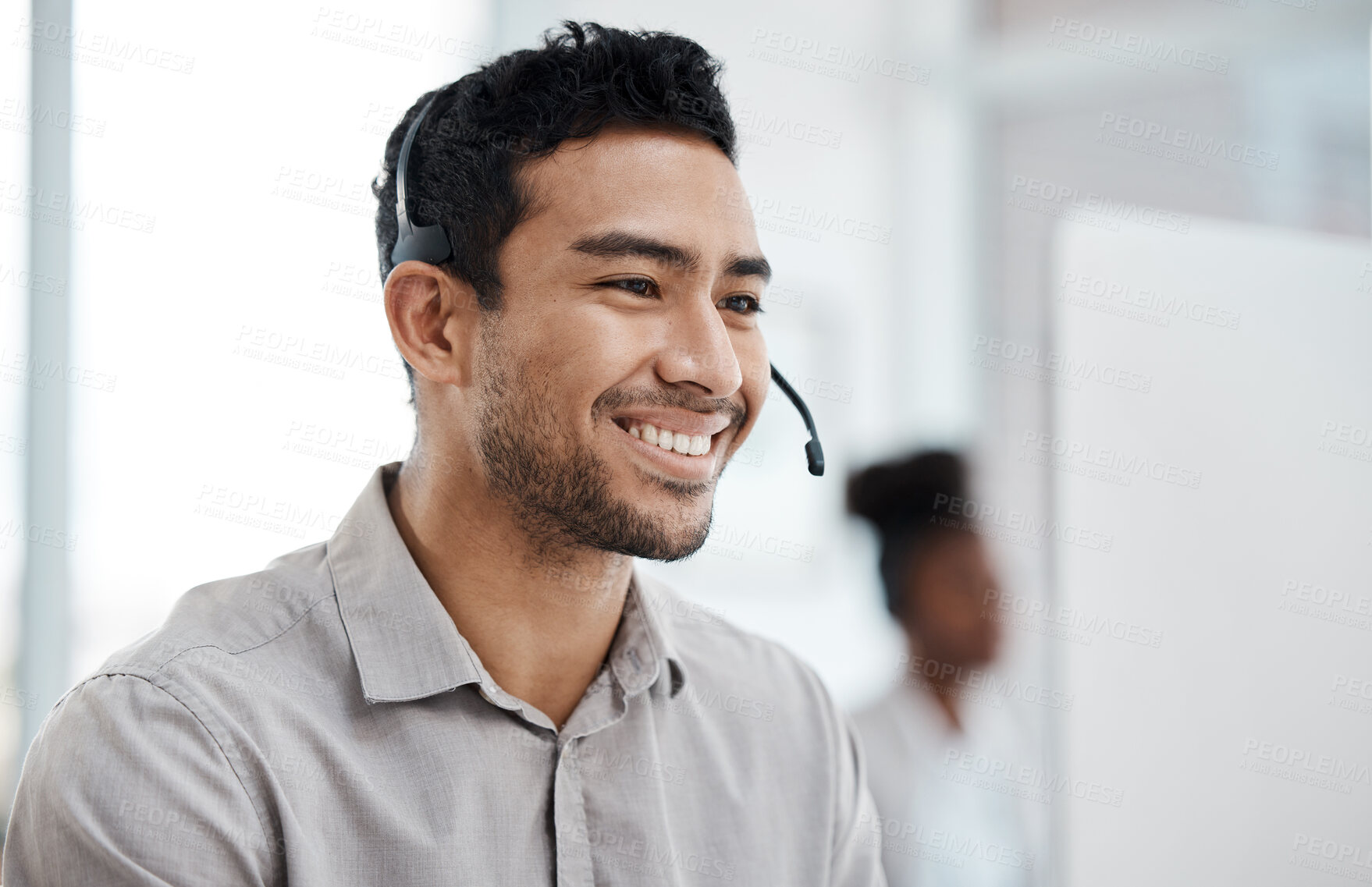 Buy stock photo Businessman, call center and smile with headphones in customer service, support or telemarketing at office. Happy asian man consultant agent smiling for online advice, telesales or help at workplace