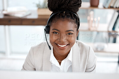 Buy stock photo Black woman, call center and portrait smile in customer service, support or telemarketing at office. Happy African female person consultant agent smiling for online advice or telesales at workplace