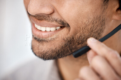 Buy stock photo Businessman, call center and mouth with mic for customer service, support or telemarketing at the office. Closeup of friendly happy man consultant or agent lips smiling with headphones in contact us