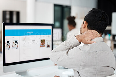 Buy stock photo Businessman, call center and neck pain in stress, burnout or anxiety and overworked at office. Tired or frustrated man consultant agent in mental health, ache or discomfort by computer at workplace