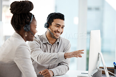 Buy stock photo Call center, training and computer with business people in office for coaching, customer service and communication. Help desk, contact us and mentor with man and black woman for sales and teamwork
