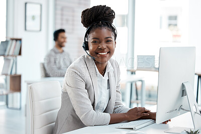 Buy stock photo Call center, happy and portrait of black woman in office for customer service, consulting or help desk. Smile, advice and sales with female employee for technical support, communication or ecommerce 