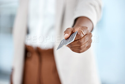 Buy stock photo Woman, hands and credit card in payment, ecommerce or financial banking at office. Hand of business female person giving debit in purchase, online shopping or wireless transaction to pay at workplace