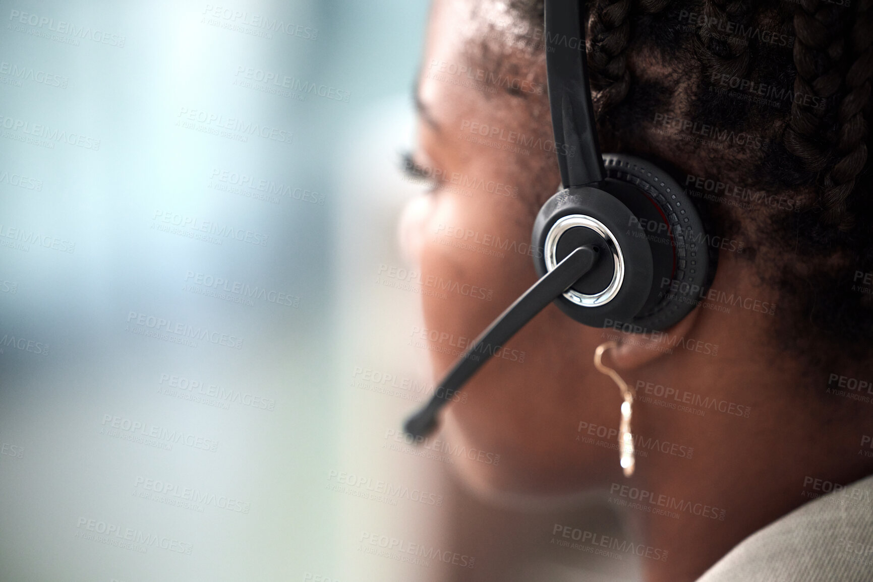 Buy stock photo Call center, microphone and closeup of black woman in office for customer service, contact us or consulting. Receptionist, crm and business with employee for telemarketing, help desk or communication