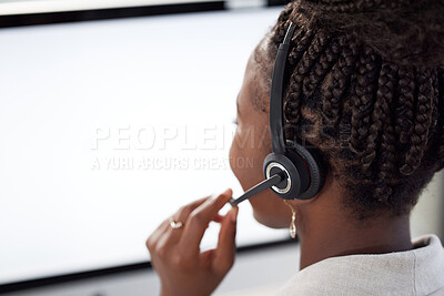 Buy stock photo Receptionist, computer screen and mockup with black woman in office for consulting, customer service and help desk. Communication, contact us and website with back of employee for kpi and networking