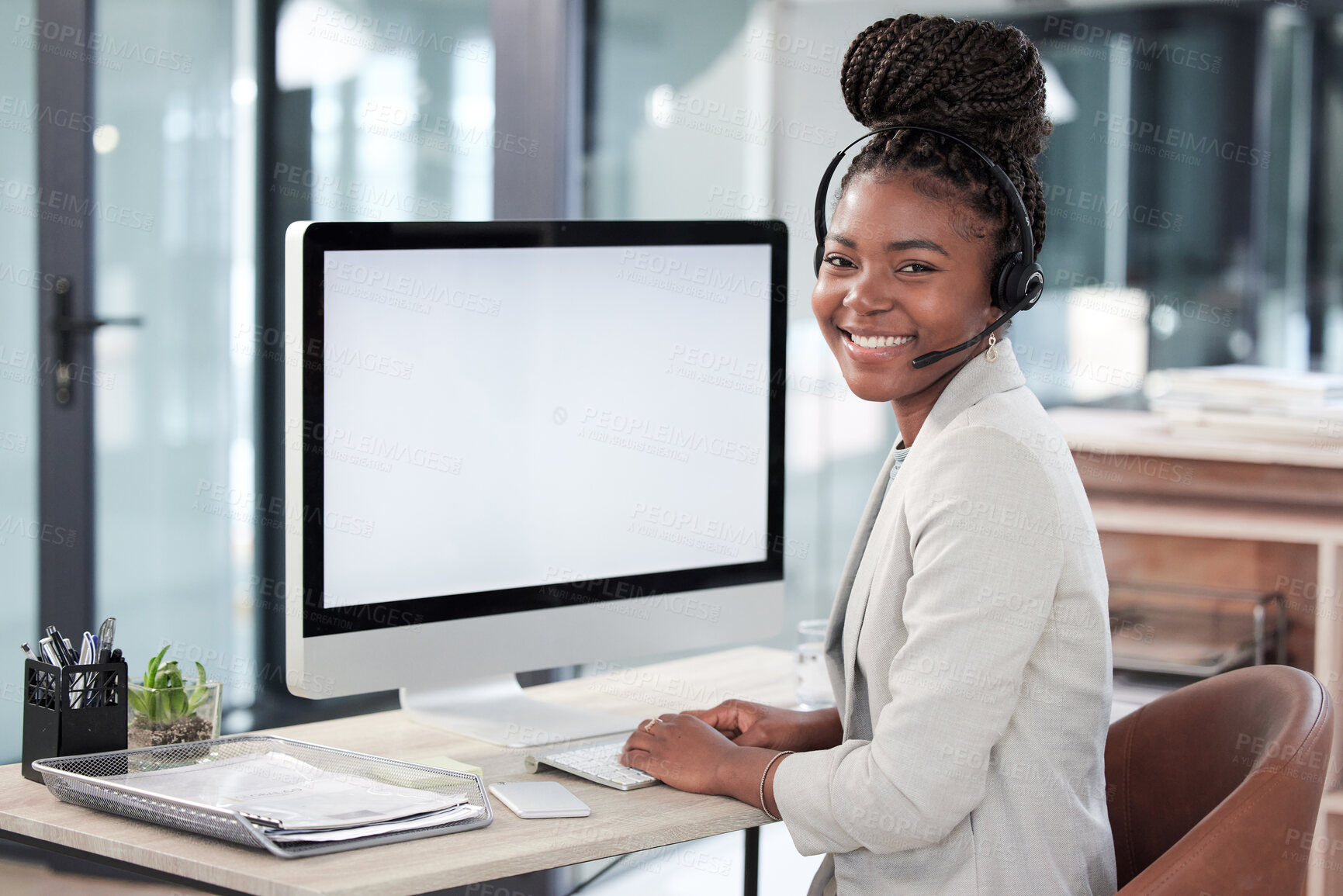 Buy stock photo Call center, computer screen and mockup with portrait of black woman in office for consulting, customer service or help desk. Communication, contact us and advice with employee for kpi and networking