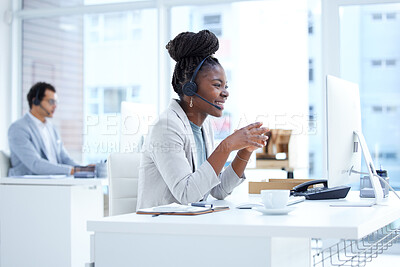 Buy stock photo Call center, woman and smile with headset and computer on desk for telemarketing or customer service. Black female consultant or agent reading email or online for crm, help desk or technical support